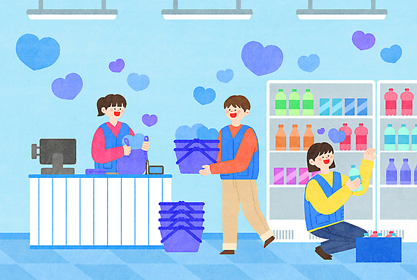 전신 PSD 여자 남자 행복 음료 일러스트 봉투 조명 서기 들기 상반신 성인 세명 파란색 화목 하트 작업 계산대 장바구니 정리 마트 웅크림 가판대 편의점 성인만 국내일러스트 모양 감정 컬러 컨셉 모션 사람 쇼핑 바구니 상점 파일형식