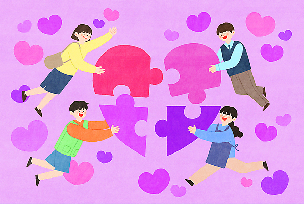 전신 PSD 여자 남자 행복 일러스트 함께함 들기 여러명 성인 손들기 보라색 화목 하트 비행 업무 퍼즐조각 성인만 국내일러스트 모양 감정 컬러 조각 다수 컨셉 모션 사람 작업 퍼즐 파일형식