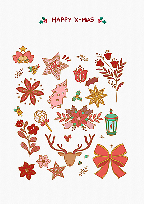 PSD 열매 꽃 리본 잎 크리스마스 일러스트 막대사탕 사람없음 빨간색 루돌프 램프 손그림 포인세티아 엘리먼트 징글벨 트리모양 팔각회향 아기자기 국내일러스트 모양 식물 기념일 컬러 컨셉 사슴 조명 사탕 크리스마스트리 종 향신료 파일형식