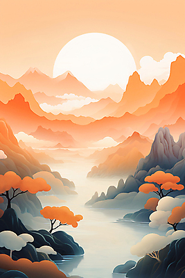 JPG 나무 구름 백그라운드 일러스트 자연 하늘 새해 풍경 사람없음 강 태양 일출 주황색 안개 돌산 산맥 국내일러스트 AI일러스트 AI콘텐츠 자연요소 식물 컬러 날씨 산 노을 생태계 파일형식