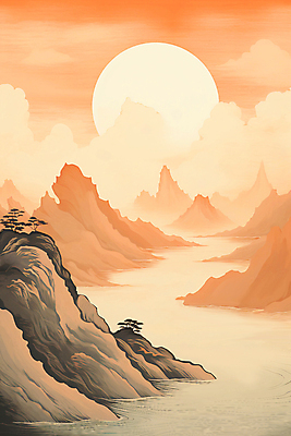 JPG 나무 구름 백그라운드 일러스트 자연 하늘 새해 풍경 사람없음 강 태양 일출 주황색 돌산 산맥 국내일러스트 AI일러스트 AI콘텐츠 자연요소 식물 컬러 산 노을 생태계 파일형식