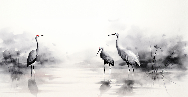 JPG 백그라운드 일러스트 붓터치 세마리 수묵화 사람없음 검은색 학 물가 풀 동양화 번짐 국내일러스트 AI일러스트 AI콘텐츠 식물 컬러 조류 3 미술 풍경 파일형식 효과