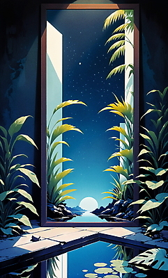 JPG 일러스트 자연 밤하늘 나뭇잎 풍경 사람없음 인테리어 판타지 반사 거울 풀 트로피컬아트 국내일러스트 AI일러스트 AI콘텐츠 식물 디자인 잎 상상 하늘 야간 그림 생태계 파일형식