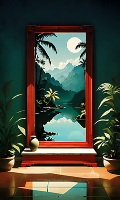 JPG 구름 화분 일러스트 자연 나뭇잎 산 풍경 사람없음 인테리어 강 판타지 태양 반사 거울 풀 트로피컬아트 국내일러스트 AI일러스트 AI콘텐츠 자연요소 식물 디자인 잎 상상 그림 생태계 파일형식