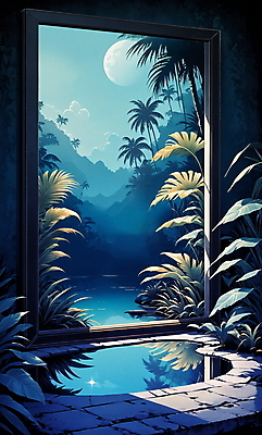 JPG 나무 일러스트 자연 나뭇잎 산 풍경 사람없음 파란색 인테리어 판타지 태양 반사 거울 풀 웅덩이 트로피컬아트 국내일러스트 AI일러스트 AI콘텐츠 자연요소 식물 디자인 컬러 잎 상상 그림 생태계 파일형식