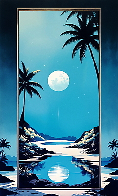 JPG 호수 일러스트 자연 밤하늘 나뭇잎 풍경 사람없음 인테리어 판타지 야자수 반사 거울 달 트로피컬아트 국내일러스트 AI일러스트 AI콘텐츠 자연요소 나무 디자인 잎 상상 하늘 야간 그림 생태계 파일형식