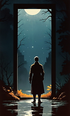 JPG 전신 남자 일러스트 밤하늘 나뭇잎 한명 서기 풍경 성인 인테리어 판타지 반사 거울 달 풀 달빛 물길 성인남자한명만 트로피컬아트 국내일러스트 AI일러스트 AI콘텐츠 자연요소 식물 1 디자인 길 잎 모션 상상 하늘 사람 야간 그림 남자한명만 성인남자만 파일형식