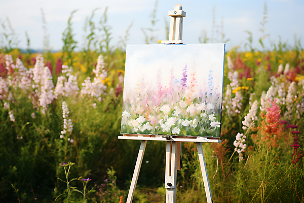 JPG 꽃밭 일러스트 하늘 미술 사람없음 야외 미술도구 이젤 그림 캔버스 카피스페이스 국내일러스트 AI일러스트 AI콘텐츠 꽃 문화예술 공백 오브젝트 파일형식