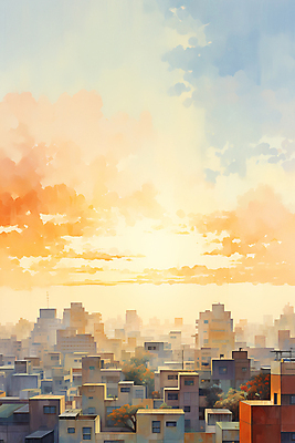 JPG 구름 백그라운드 일러스트 하늘 풍경 빌딩 사람없음 건물 일몰 도시 국내일러스트 AI일러스트 AI콘텐츠 자연요소 건축물 노을 파일형식