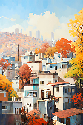 JPG 구름 백그라운드 단풍 일러스트 하늘 단풍나무 풍경 빌딩 사람없음 건물 가을 도시 국내일러스트 AI일러스트 AI콘텐츠 자연요소 나무 건축물 계절 잎 파일형식