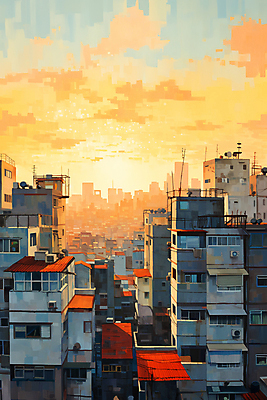 JPG 구름 백그라운드 일러스트 하늘 풍경 빌딩 사람없음 건물 일몰 도시 국내일러스트 AI일러스트 AI콘텐츠 자연요소 건축물 노을 파일형식