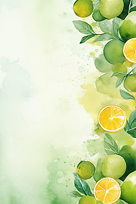 JPG 오렌지 일러스트 나뭇잎 수채화 사람없음 초록색 레몬 라임 카피스페이스 국내일러스트 AI일러스트 AI콘텐츠 컬러 잎 과일 공백 파일형식