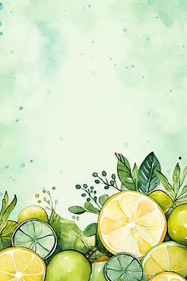 JPG 오렌지 일러스트 나뭇잎 수채화 사람없음 초록색 레몬 라임 카피스페이스 국내일러스트 AI일러스트 AI콘텐츠 컬러 잎 과일 공백 파일형식