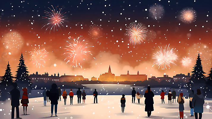 JPG 공원 실루엣 일러스트 밤하늘 새해 폭죽 불꽃놀이 사람 풍경 여러명 건물 눈 군중 광장 국내일러스트 AI일러스트 AI콘텐츠 자연요소 건축물 공공시설 다수 놀이 하늘 날씨 촬영기법 야간 파일형식