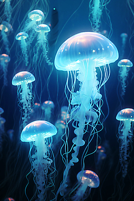 JPG 편집이미지 사람없음 바닷속 투명 분위기 자포동물 신비 해파리 수중동굴 몽환 편집실사 AI컴퓨터그래픽 AI콘텐츠 컨셉 수중 수중동물 동굴 CG 파일형식