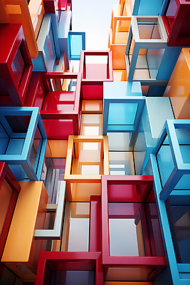 JPG 편집이미지 건축물 사람없음 컬러풀 사각형 큐브 디지털합성 복잡 편집소스 이미지편집 편집실사 AI컴퓨터그래픽 AI콘텐츠 도형 건축 컬러 컨셉 CG 파일형식