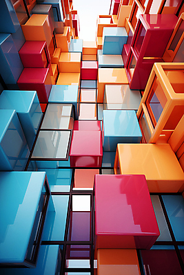 JPG 편집이미지 건축물 사람없음 컬러풀 사각형 큐브 디지털합성 복잡 편집소스 이미지편집 편집실사 AI컴퓨터그래픽 AI콘텐츠 도형 건축 컬러 컨셉 CG 파일형식