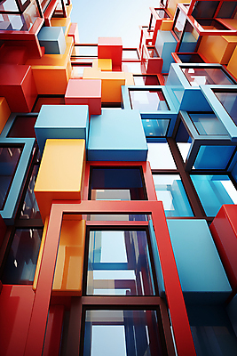 JPG 편집이미지 건축물 사람없음 컬러풀 사각형 큐브 디지털합성 복잡 편집소스 이미지편집 편집실사 AI컴퓨터그래픽 AI콘텐츠 도형 건축 컬러 컨셉 CG 파일형식