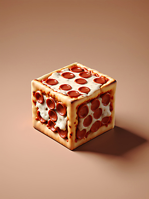 JPG 편집이미지 음식 치즈 피자 사람없음 사각형 큐브 입체 디지털합성 페퍼로니 페퍼로니피자 편집소스 이미지편집 편집실사 AI컴퓨터그래픽 AI콘텐츠 도형 유제품 패스트푸드 서양음식 소시지 CG 파일형식