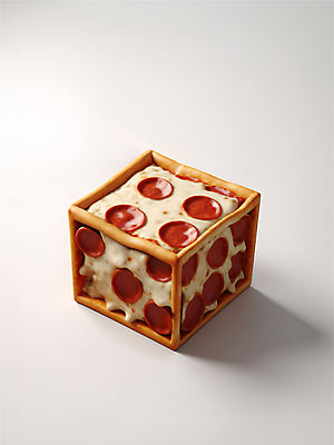 JPG 편집이미지 음식 치즈 피자 사람없음 사각형 큐브 입체 디지털합성 페퍼로니 페퍼로니피자 편집소스 이미지편집 편집실사 AI컴퓨터그래픽 AI콘텐츠 도형 유제품 패스트푸드 서양음식 소시지 CG 파일형식