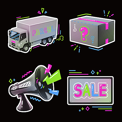 PSD 일러스트 간판 사람없음 반짝임 쇼핑 컬러풀 세일 확성기 물음표 화려 낙서 오브젝트 네온 테이프 택배상자 번개모양 키치 탑차 국내일러스트 모양 기호 컬러 컨셉 모션 문구용품 상자 트럭 번개 택배 파일형식