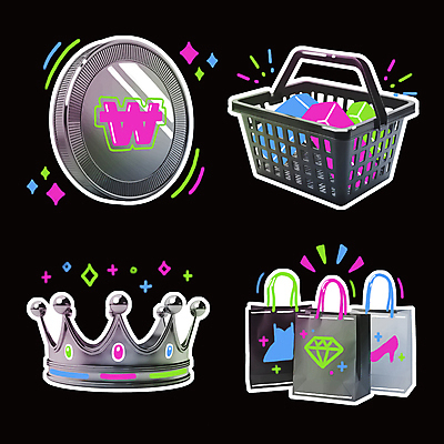 PSD 드레스 일러스트 왕관 사람없음 반짝임 쇼핑 컬러풀 쇼핑백 동전 화려 낙서 하이힐 상품 장바구니 오브젝트 담기 네온 다이아몬드 키치 국내일러스트 옷 구두 컬러 컨셉 돈 가방 모션 바구니 여성화 보석 파일형식