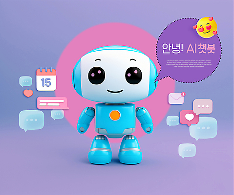PSD 편집이미지 캐릭터 말풍선 사람없음 파란색 3D 귀여움 보라색 로봇 입체 소셜미디어 채팅봇 AI_인공지능 편집3D 컬러 컨셉 디지털합성 파일형식