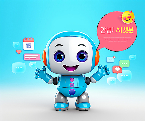 PSD 편집이미지 캐릭터 말풍선 사람없음 파란색 3D 귀여움 로봇 입체 소셜미디어 채팅봇 AI_인공지능 편집3D 컬러 컨셉 디지털합성 파일형식