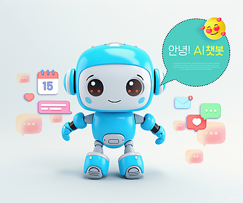 PSD 편집이미지 캐릭터 말풍선 사람없음 파란색 3D 귀여움 로봇 입체 소셜미디어 채팅봇 AI_인공지능 편집3D 컬러 컨셉 디지털합성 파일형식