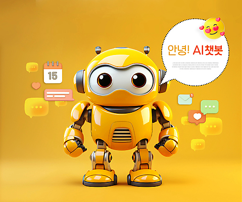 PSD 편집이미지 캐릭터 말풍선 사람없음 노란색 3D 귀여움 로봇 입체 소셜미디어 채팅봇 AI_인공지능 편집3D 컬러 컨셉 디지털합성 파일형식