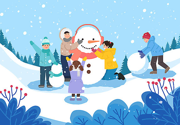 전신 나무 여자 남자 어린이 겨울 일러스트 눈사람 소녀 소년 여러명 성인 설원 만세 풀 즐거움 손인사 겨울방학 눈굴리기 눈사람만들기 눈내림 국내일러스트 AI파일 식물 계절 감정 다수 모션 방학 눈_날씨 사람 인사 만들기 굴리기 파일형식 벡터