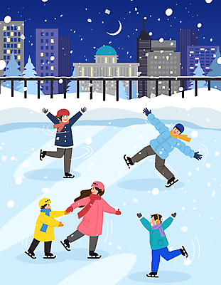 전신 여자 남자 어린이 겨울 일러스트 소녀 빌딩 소년 여러명 성인 건물 손잡기 만세 스케이트 미끄러짐 저녁 초승달 즐거움 스케이트장 겨울방학 넘어짐 아이스스케이트 눈내림 국내일러스트 AI파일 건축물 계절 감정 스포츠용품 다수 스포츠시설 모션 방학 눈_날씨 사람 달 야간 파일형식 벡터