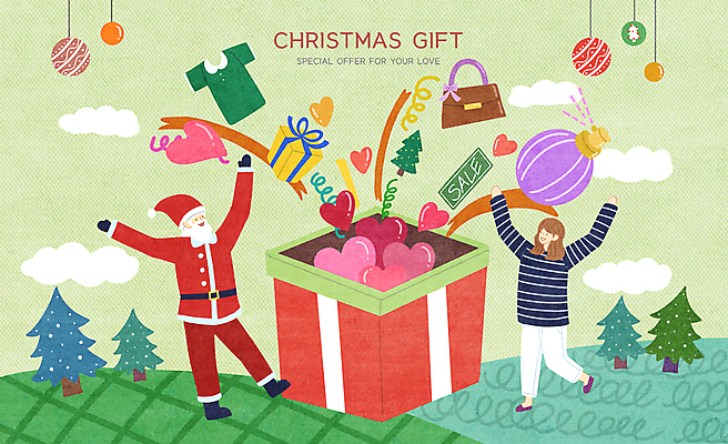 전신 PSD 나무 구름 여자 노년 남자 리본 상의 크리스마스 겨울 가방 일러스트 서기 이벤트 성인 두명 연두색 선물상자 산타클로스 세일 만세 하트 오너먼트 국내일러스트 자연요소 모양 식물 잡화 옷 계절 기념일 크리스마스장식 모션 선물 사람 초록색 상자 파일형식