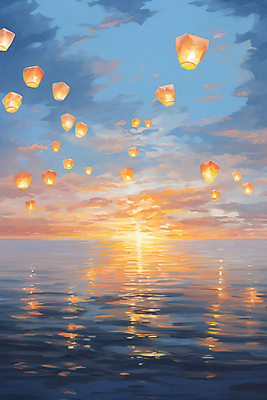 JPG 구름 물결 바다 백그라운드 일러스트 하늘 새해 풍경 사람없음 빛 일몰 디지털합성 유화 풍등 풍등날리기 국내일러스트 AI일러스트 AI콘텐츠 자연요소 조명 미술 노을 파일형식 풍등축제