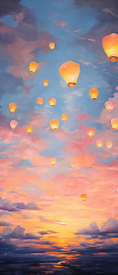 JPG 구름 백그라운드 일러스트 하늘 새해 풍경 사람없음 빛 일몰 디지털합성 유화 풍등 풍등날리기 국내일러스트 AI일러스트 AI콘텐츠 자연요소 조명 미술 노을 파일형식 풍등축제