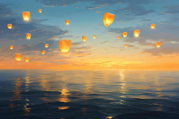 JPG 구름 물결 바다 백그라운드 일러스트 하늘 새해 풍경 사람없음 빛 일몰 디지털합성 유화 풍등 풍등날리기 국내일러스트 AI일러스트 AI콘텐츠 자연요소 조명 미술 노을 파일형식 풍등축제