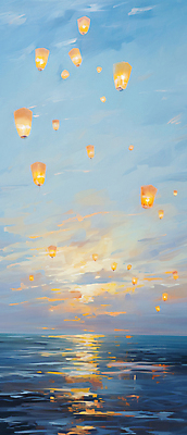 JPG 구름 물결 바다 백그라운드 일러스트 하늘 새해 풍경 사람없음 빛 일몰 디지털합성 유화 풍등 풍등날리기 국내일러스트 AI일러스트 AI콘텐츠 자연요소 조명 미술 노을 파일형식 풍등축제