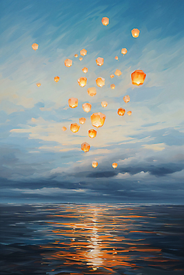 JPG 구름 물결 바다 백그라운드 일러스트 하늘 새해 풍경 사람없음 빛 일몰 디지털합성 유화 풍등 풍등날리기 윤슬 국내일러스트 AI일러스트 AI콘텐츠 자연요소 조명 미술 노을 파일형식 풍등축제