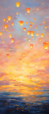 JPG 구름 백그라운드 일러스트 하늘 새해 풍경 사람없음 빛 일몰 디지털합성 유화 풍등 풍등날리기 국내일러스트 AI일러스트 AI콘텐츠 자연요소 조명 미술 노을 파일형식 풍등축제