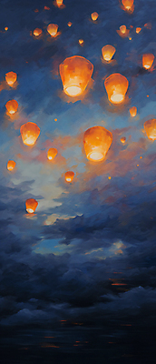 JPG 구름 백그라운드 일러스트 하늘 새해 풍경 사람없음 빛 디지털합성 유화 풍등 풍등날리기 국내일러스트 AI일러스트 AI콘텐츠 자연요소 조명 미술 파일형식 풍등축제