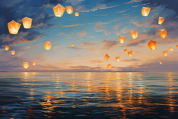 JPG 구름 물결 바다 백그라운드 일러스트 하늘 새해 풍경 사람없음 빛 일몰 디지털합성 유화 풍등 풍등날리기 국내일러스트 AI일러스트 AI콘텐츠 자연요소 조명 미술 노을 파일형식 풍등축제