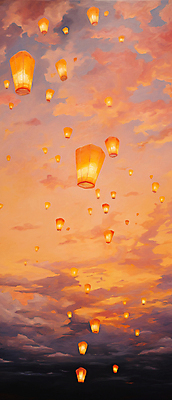 JPG 구름 백그라운드 일러스트 하늘 새해 풍경 사람없음 빛 일몰 디지털합성 유화 풍등 풍등날리기 국내일러스트 AI일러스트 AI콘텐츠 자연요소 조명 미술 노을 파일형식 풍등축제