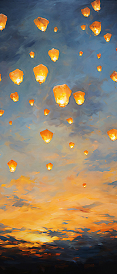 JPG 구름 백그라운드 일러스트 하늘 새해 풍경 사람없음 빛 일몰 디지털합성 유화 풍등 풍등날리기 국내일러스트 AI일러스트 AI콘텐츠 자연요소 조명 미술 노을 파일형식 풍등축제