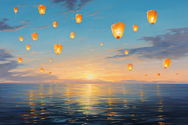 JPG 구름 물결 바다 백그라운드 일러스트 하늘 새해 풍경 사람없음 빛 일몰 디지털합성 유화 풍등 풍등날리기 국내일러스트 AI일러스트 AI콘텐츠 자연요소 조명 미술 노을 파일형식 풍등축제