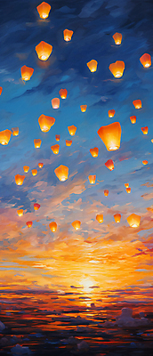 JPG 구름 백그라운드 일러스트 하늘 새해 풍경 사람없음 빛 일몰 디지털합성 유화 풍등 풍등날리기 국내일러스트 AI일러스트 AI콘텐츠 자연요소 조명 미술 노을 파일형식 풍등축제