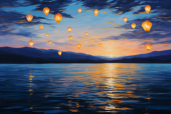 JPG 구름 물결 바다 백그라운드 일러스트 하늘 새해 산 풍경 사람없음 빛 일몰 디지털합성 유화 풍등 풍등날리기 국내일러스트 AI일러스트 AI콘텐츠 자연요소 조명 미술 노을 파일형식 풍등축제