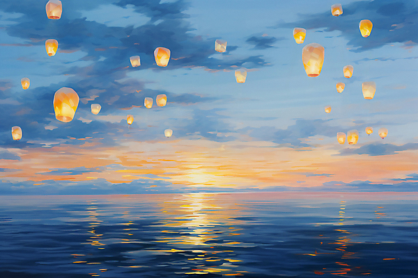 JPG 구름 물결 바다 백그라운드 일러스트 하늘 새해 풍경 사람없음 빛 일몰 디지털합성 유화 풍등 풍등날리기 국내일러스트 AI일러스트 AI콘텐츠 자연요소 조명 미술 노을 파일형식 풍등축제