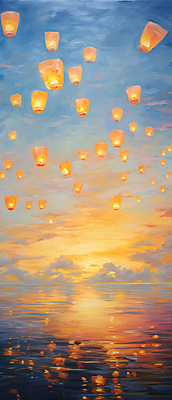 JPG 구름 물결 바다 백그라운드 일러스트 하늘 새해 풍경 사람없음 빛 일몰 디지털합성 유화 풍등 풍등날리기 국내일러스트 AI일러스트 AI콘텐츠 자연요소 조명 미술 노을 파일형식 풍등축제