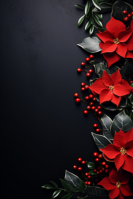 JPG 편집이미지 열매 잎 겨울 사람없음 빨간색 검은색 디지털합성 포인세티아 카피스페이스 편집실사 AI포토 AI콘텐츠 식물 계절 꽃 컬러 공백 CG 파일형식