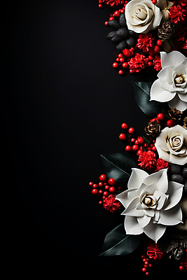 JPG 편집이미지 열매 잎 겨울 사람없음 검은색 흰색 디지털합성 솔방울 포인세티아 카피스페이스 편집실사 AI포토 AI콘텐츠 식물 계절 꽃 컬러 공백 CG 파일형식